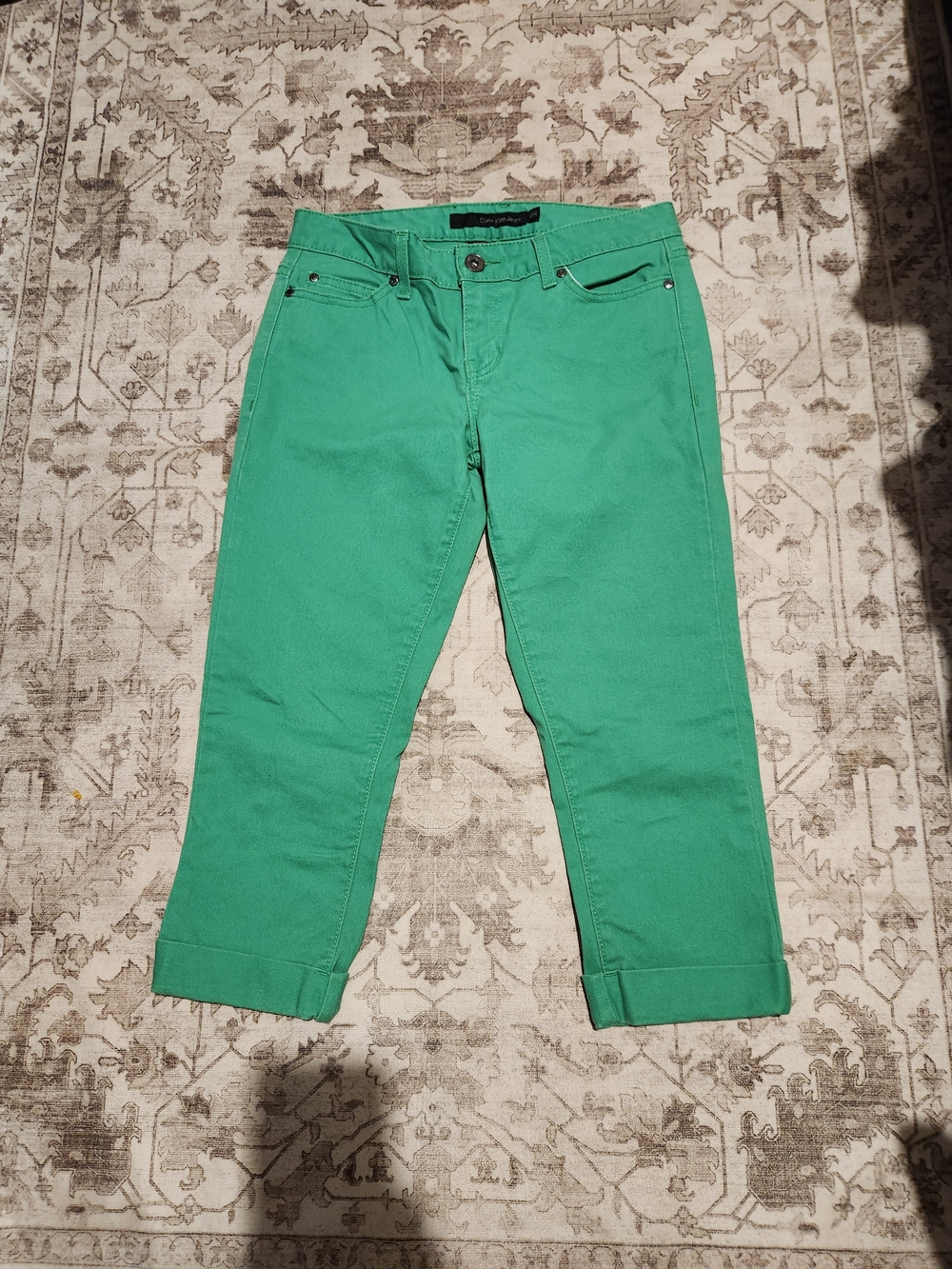 Calvin Klein Green Cropped Jeans with Cuffed Ankles